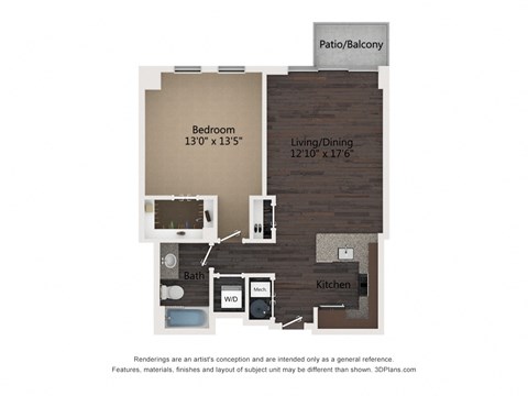 Floor plan for 1 bed, 1 bath, 831 sqft